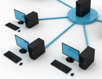   An illustration showing multiple computer connected to a central server